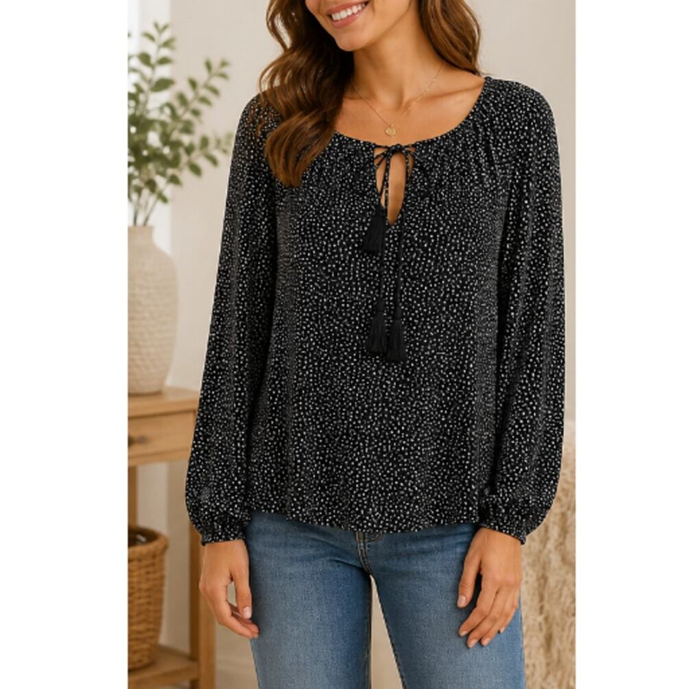 New DR2 Anthropologie Women's Black Polka Dots Oversized Peasant Top Size XS